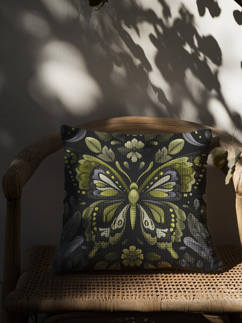 A square decorative pillow featuring an intricately detailed butterfly design in olive green, sage, and cream colors against a black background. The butterfly is surrounded by botanical elements with symmetrical floral patterns.